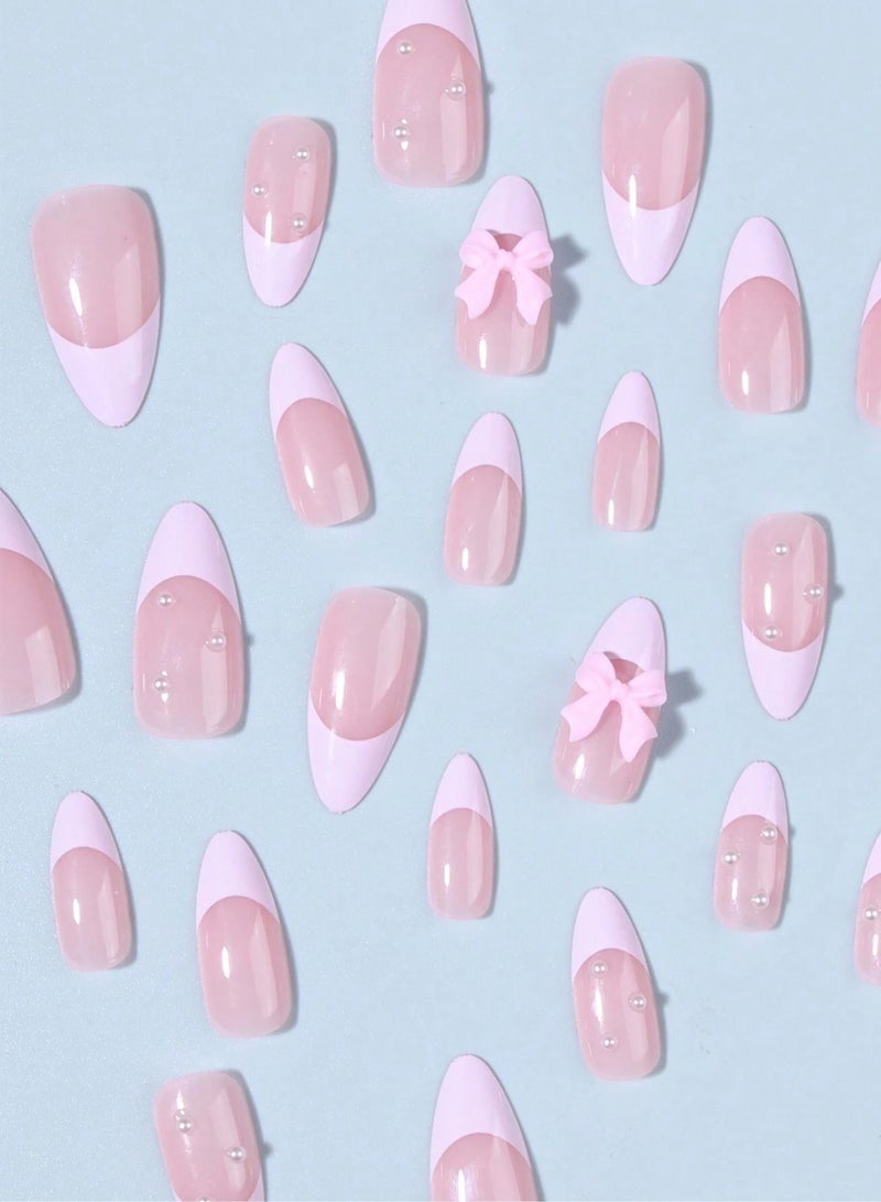 Layali 24-Piece Full Cover False French Tip Press on Nails,Medium Fake Nails Almond Glue on Nails Bow Charm Pearl Design Acrylic Nails(Pink) - Image 2